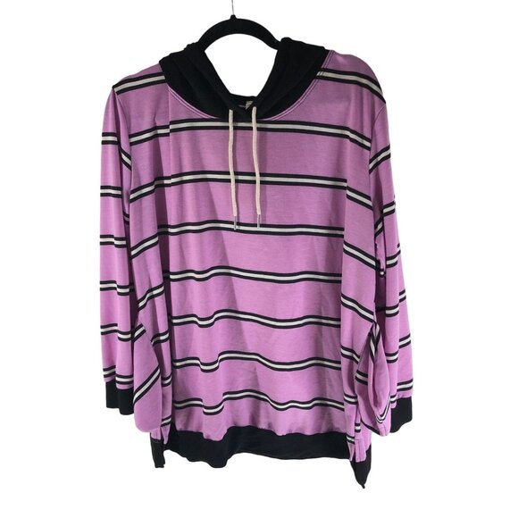 Emerald Pink & Black Striped Pullover Drawstring Pockets Hoodie 1X - Picture 1 of 4